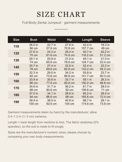 Size chart for the skin-tone zentai jumpsuit, sizes 110 to 190 with bust, waist, hip, length and sleeve in inches and centimeters