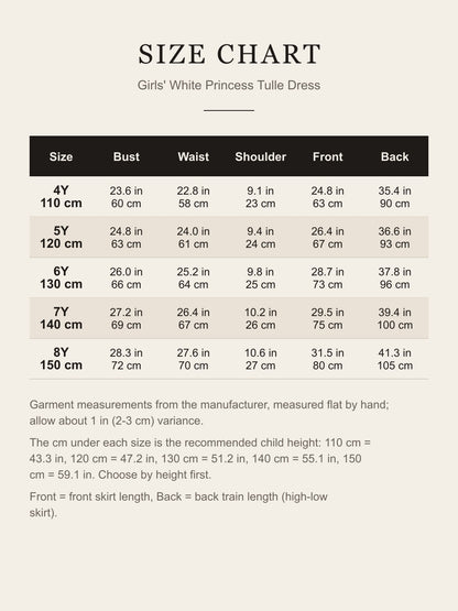 Size chart for the girls' white princess dress, 4Y to 8Y: bust, waist, shoulder, front and back length in inches and centimeters