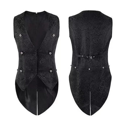 Black jacquard sleeveless tailcoat vest laid flat, front and back views showing the long tails, center back split and back buckle strap