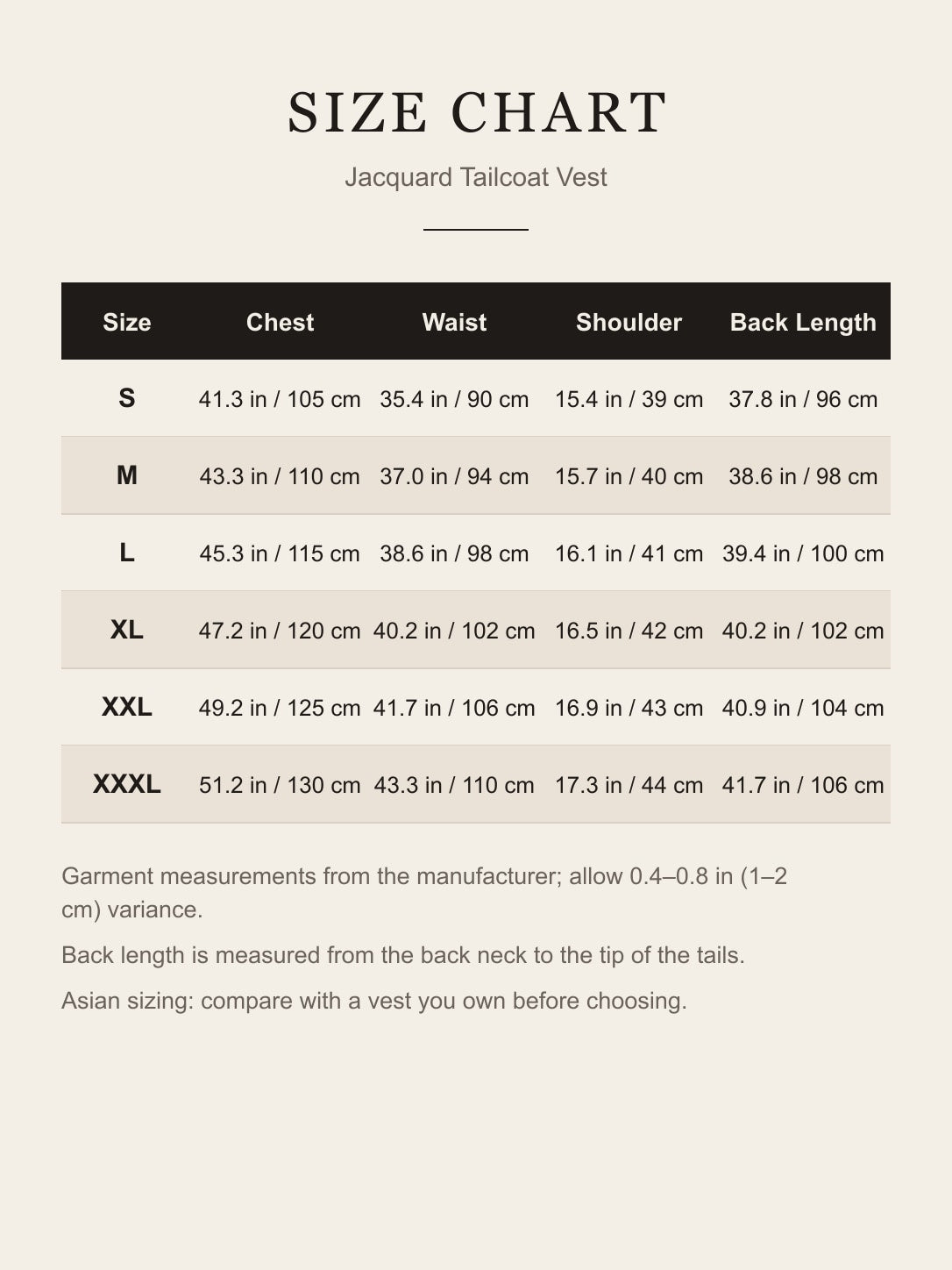 Size chart for the jacquard tailcoat vest: chest, waist, shoulder and back length for S to XXXL in inches and cm