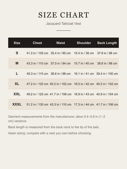 Size chart for the jacquard tailcoat vest: chest, waist, shoulder and back length for S to XXXL in inches and cm