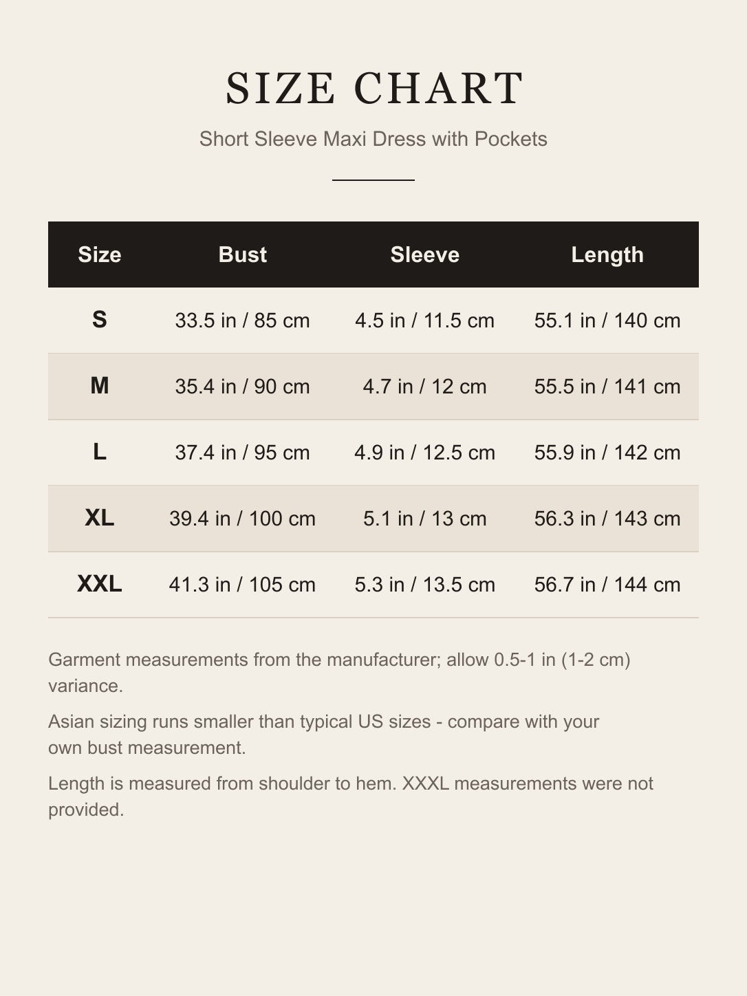 Size chart for the khaki short sleeve maxi dress: bust, sleeve and length for S to XXL in inches and centimeters