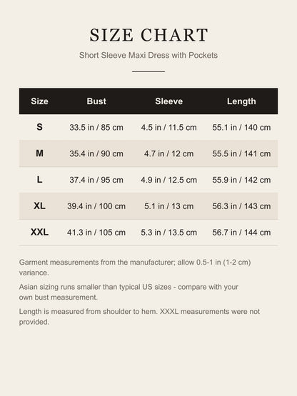 Size chart for the khaki short sleeve maxi dress: bust, sleeve and length for S to XXL in inches and centimeters