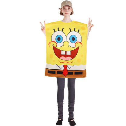 Real photo of the adult SpongeBob foam tunic worn over leggings, showing the tunic ends at the printed brown waistband