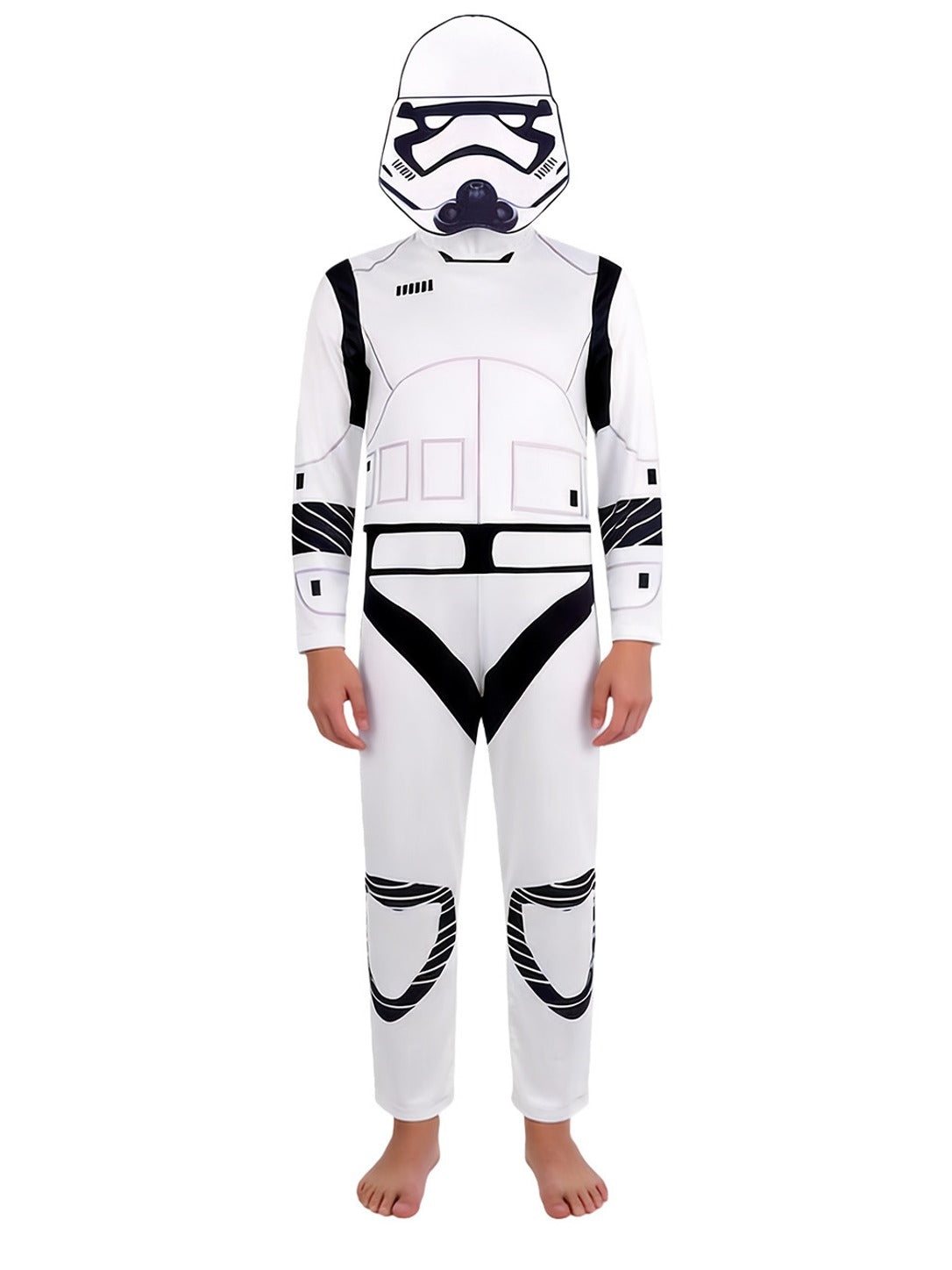 White Stormtrooper costume jumpsuit worn with the soft printed helmet hood, full front view on white background
