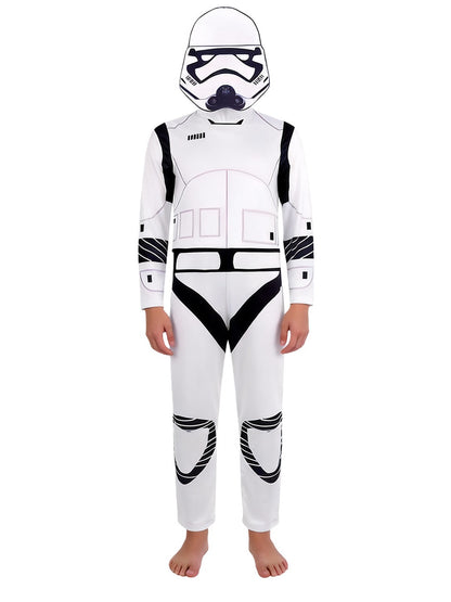 White Stormtrooper costume jumpsuit worn with the soft printed helmet hood, full front view on white background