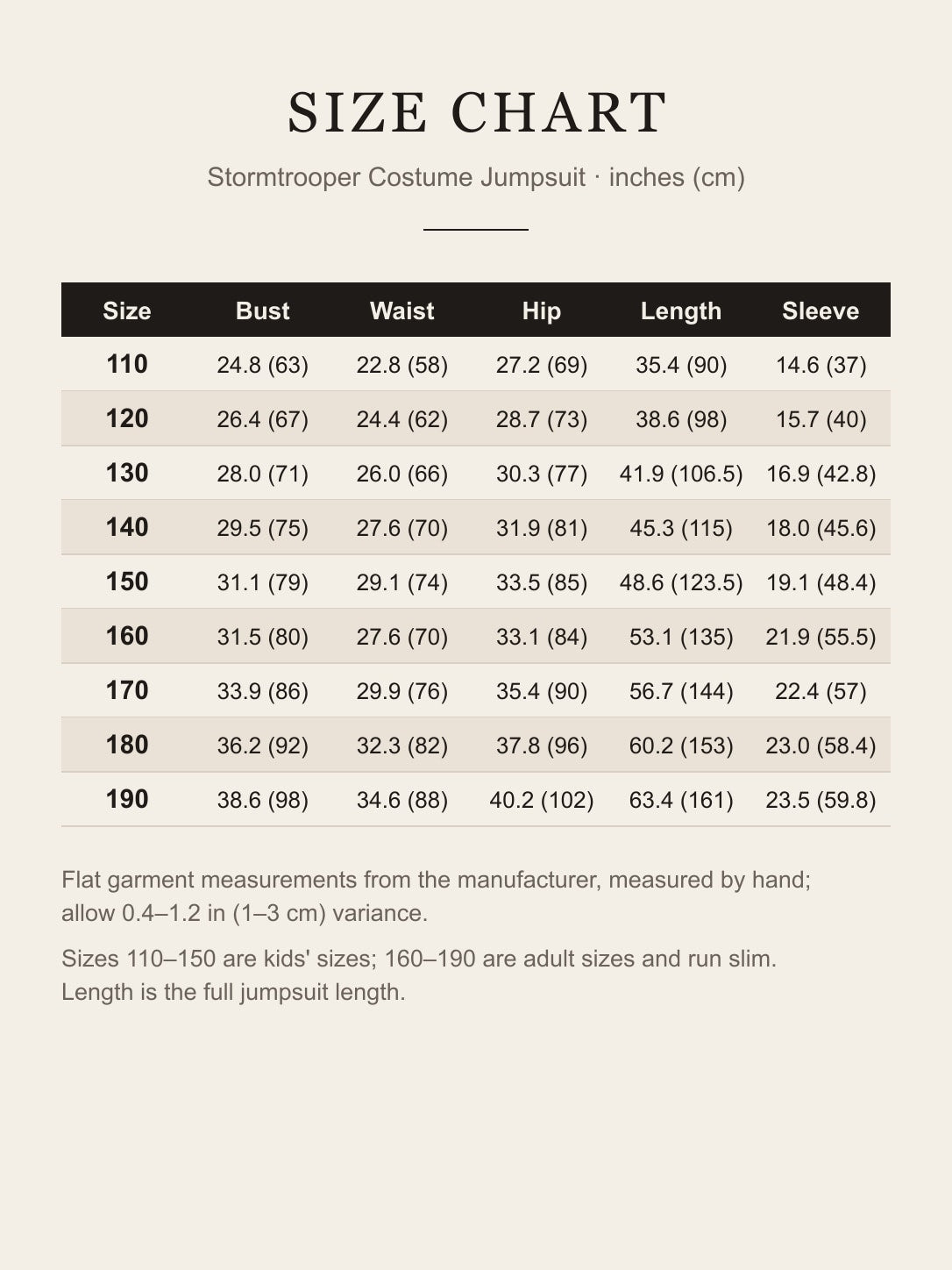 Size chart for the Stormtrooper costume, sizes 110–190: bust, waist, hip, length and sleeve in inches and centimeters