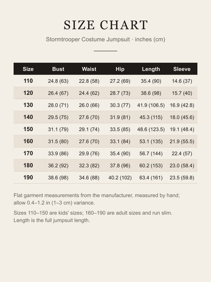 Size chart for the Stormtrooper costume, sizes 110–190: bust, waist, hip, length and sleeve in inches and centimeters