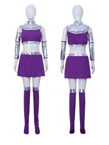 Purple and silver cosplay costume on a mannequin, front and back: collar, crop top, arm cuffs, skirt and leg covers