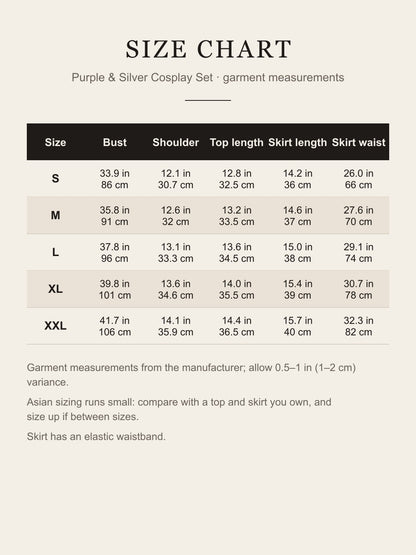 Size chart for the purple and silver cosplay costume: bust, shoulder, top length, skirt length and skirt waist for S to XXL in inches and centimeters