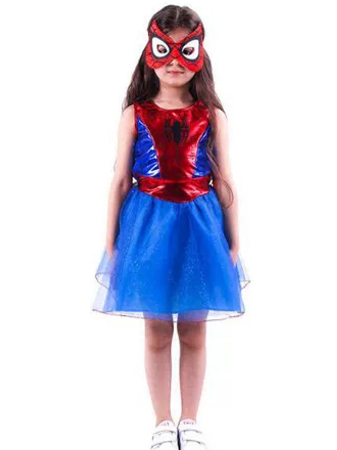 Girls' superhero dress costume worn with the included red eye mask