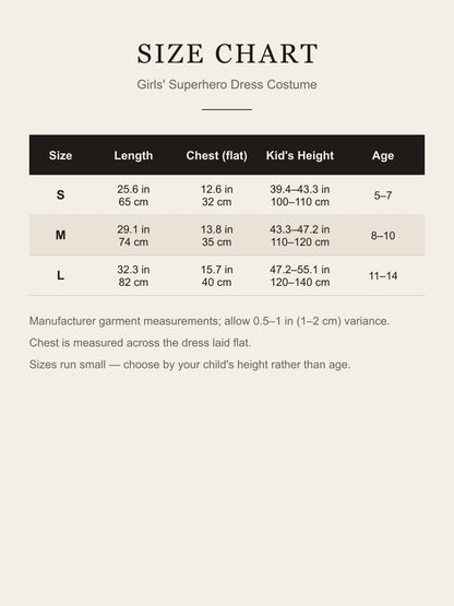 Size chart for girls' superhero dress costume, sizes S to L in inches and cm