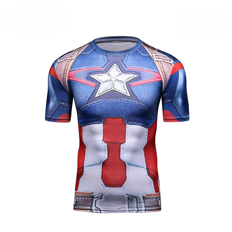 Flat front view of the superhero compression T-shirt: white chest star, blue armor panels, red and white striped torso and printed belt