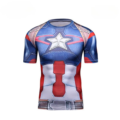 Flat front view of the superhero compression T-shirt: white chest star, blue armor panels, red and white striped torso and printed belt