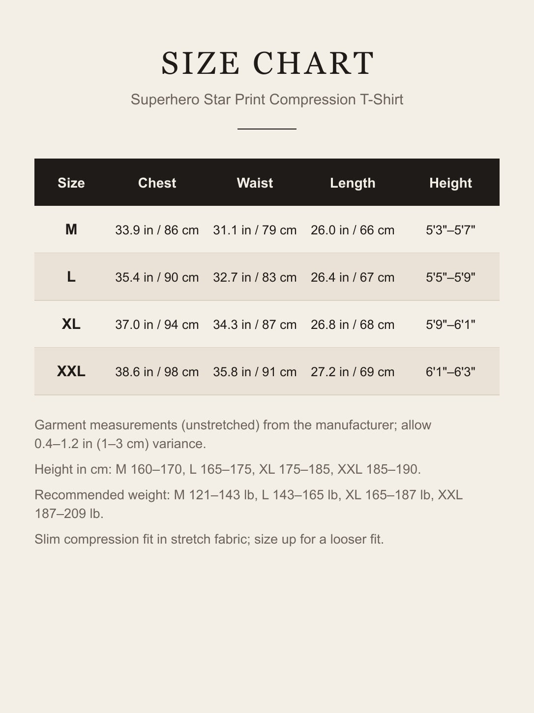 Size chart for the superhero compression T-shirt: chest, waist, length and height for M, L, XL and XXL in inches and centimeters
