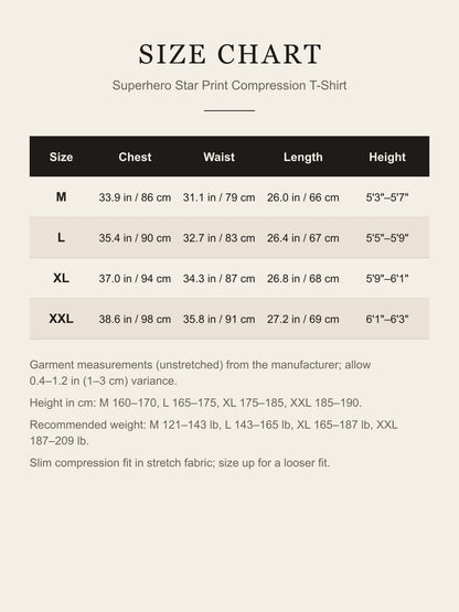 Size chart for the superhero compression T-shirt: chest, waist, length and height for M, L, XL and XXL in inches and centimeters