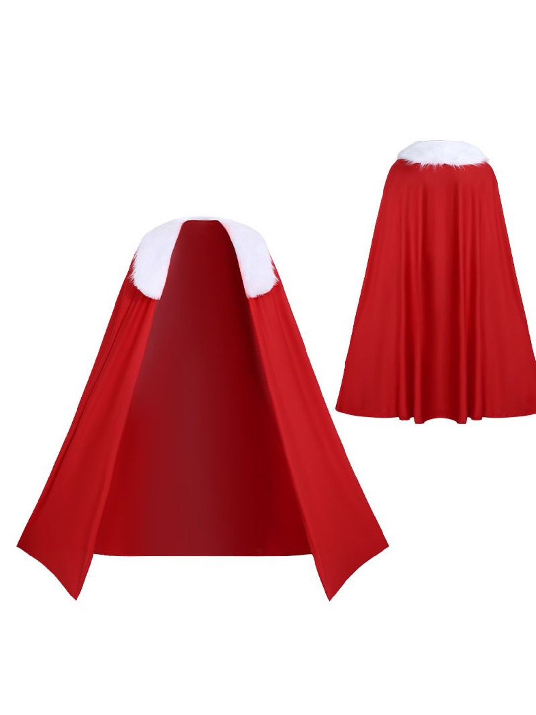 Actual product: red cape with white fur collar trim shown flat, front and back