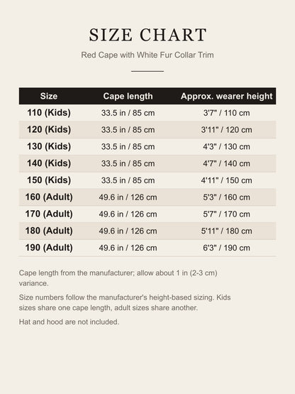 Size chart for the red cape: cape length 33.5 in (85 cm) for kids sizes 110–150 and 49.6 in (126 cm) for adult sizes 160–190