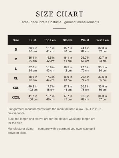 Size chart for the women's three-piece pirate costume, sizes S to XXXL, blouse bust and length, sleeve, skirt waist and length in inches and cm