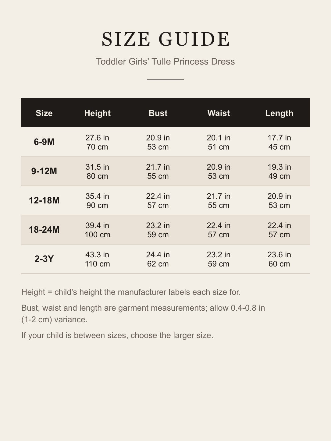 Size guide for the toddler girls' green tulle princess dress: child height, bust, waist and length for 6-9M to 2-3Y in inches and centimeters
