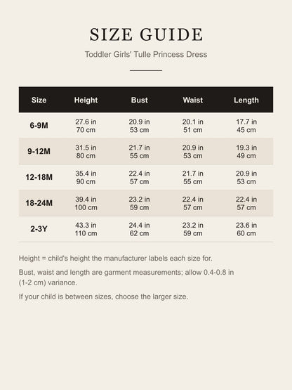 Size guide for the toddler girls' green tulle princess dress: child height, bust, waist and length for 6-9M to 2-3Y in inches and centimeters