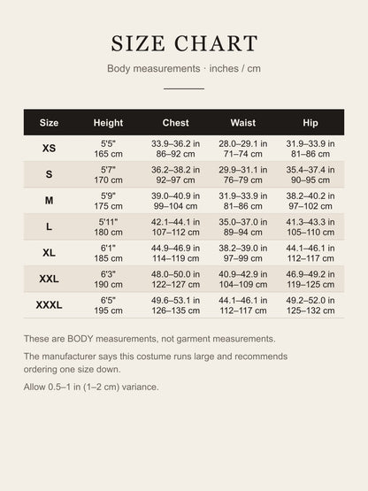 Size chart for the Trafalgar Law cosplay costume: height, chest, waist and hip body measurements for XS to XXXL in inches and centimeters