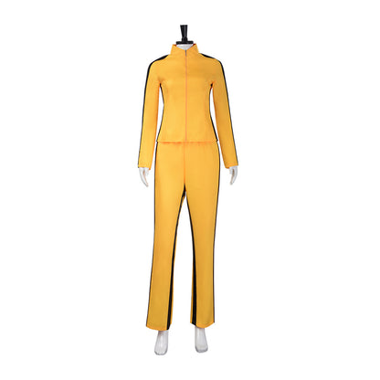 Actual product photo: yellow zip-up jacket and pants with black stripes on a mannequin, front view