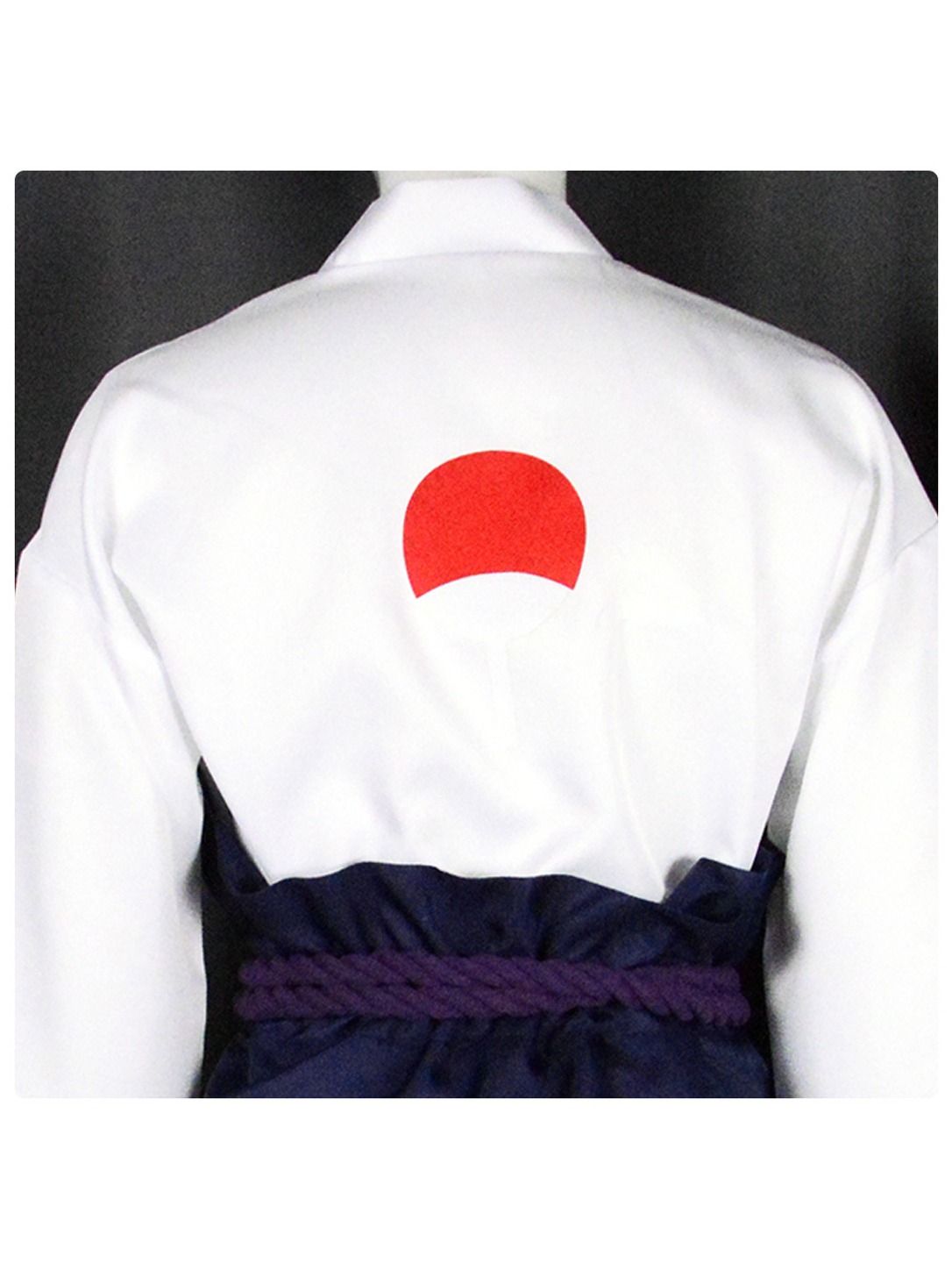 Close-up of the red and white crest printed on the back of the white cosplay top, with purple rope belt below