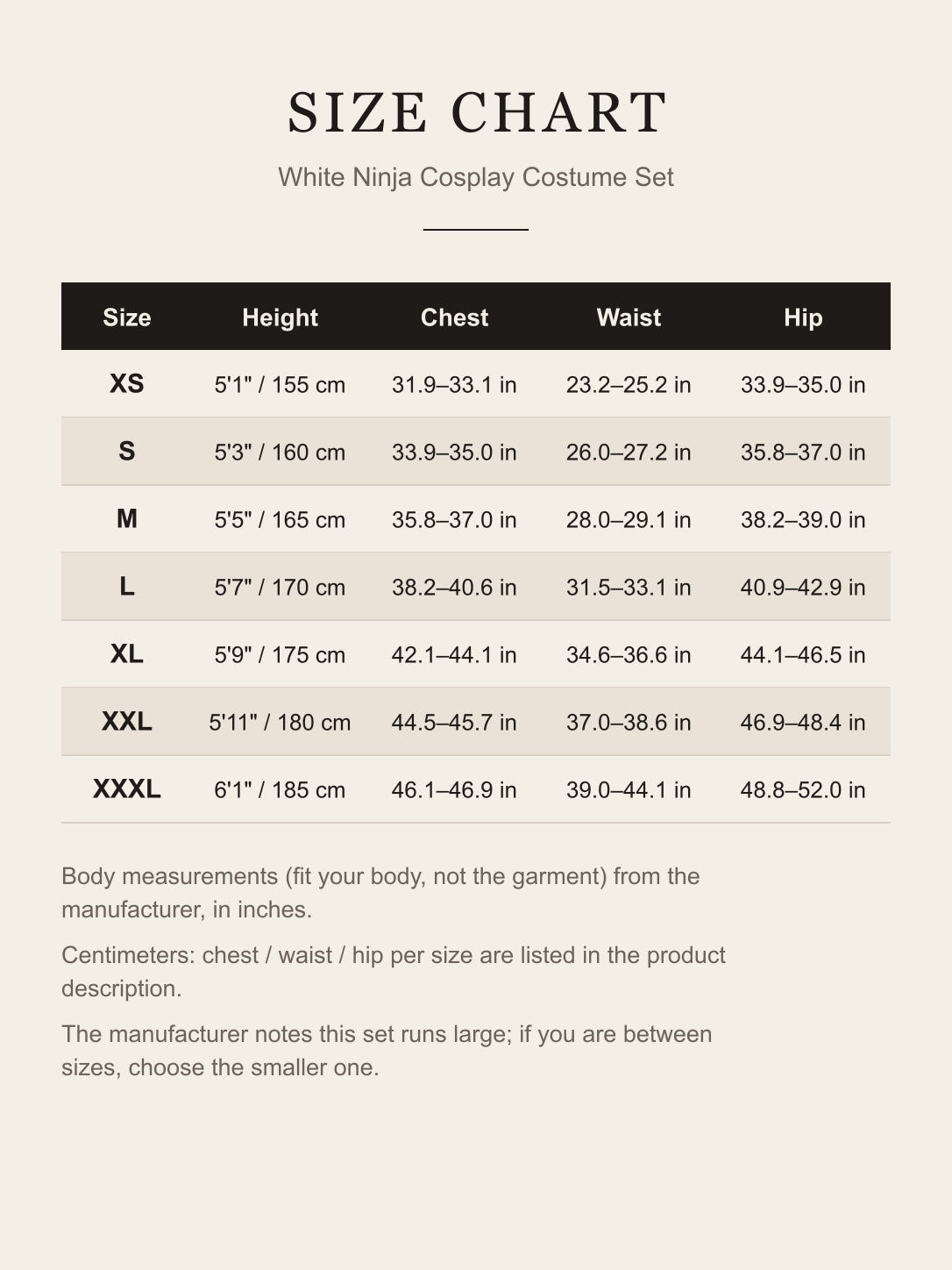 Size chart for the cosplay costume set: height, chest, waist and hip body measurements for XS to XXXL