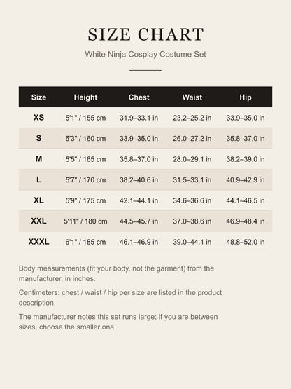 Size chart for the cosplay costume set: height, chest, waist and hip body measurements for XS to XXXL