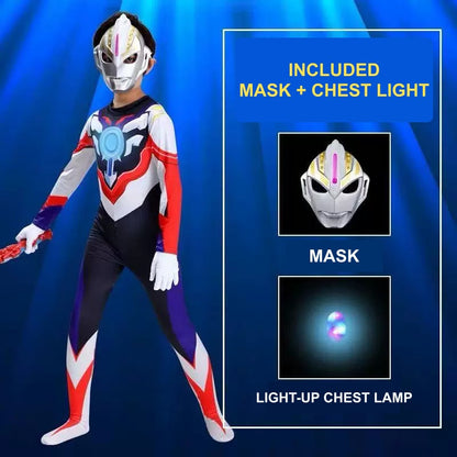 What's included: Orb hero jumpsuit with silver mask, light-up chest lamp and white gloves (sword not included)