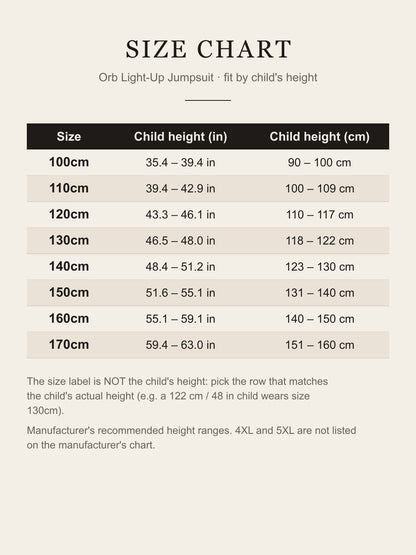 Size chart for the kids' Orb hero costume: sizes 100cm–170cm with recommended child height in inches and centimeters