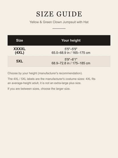 Size guide for the yellow and green clown jumpsuit: XXXXL (4XL) for 165–175 cm and 5XL for 175–185 cm height