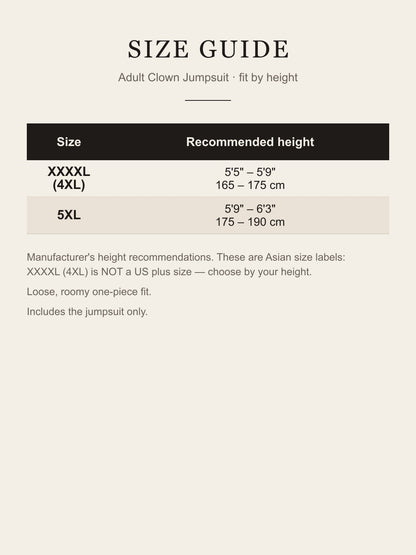 Size guide for the adult clown jumpsuit: XXXXL (4XL) fits 5'5"–5'9" (165–175 cm), 5XL fits 5'9"–6'3" (175–190 cm)