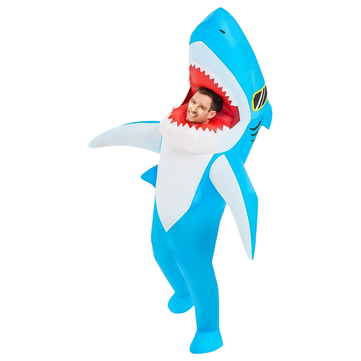 Inflatable blue and white shark costume on a white background, adult face showing through the open mouth