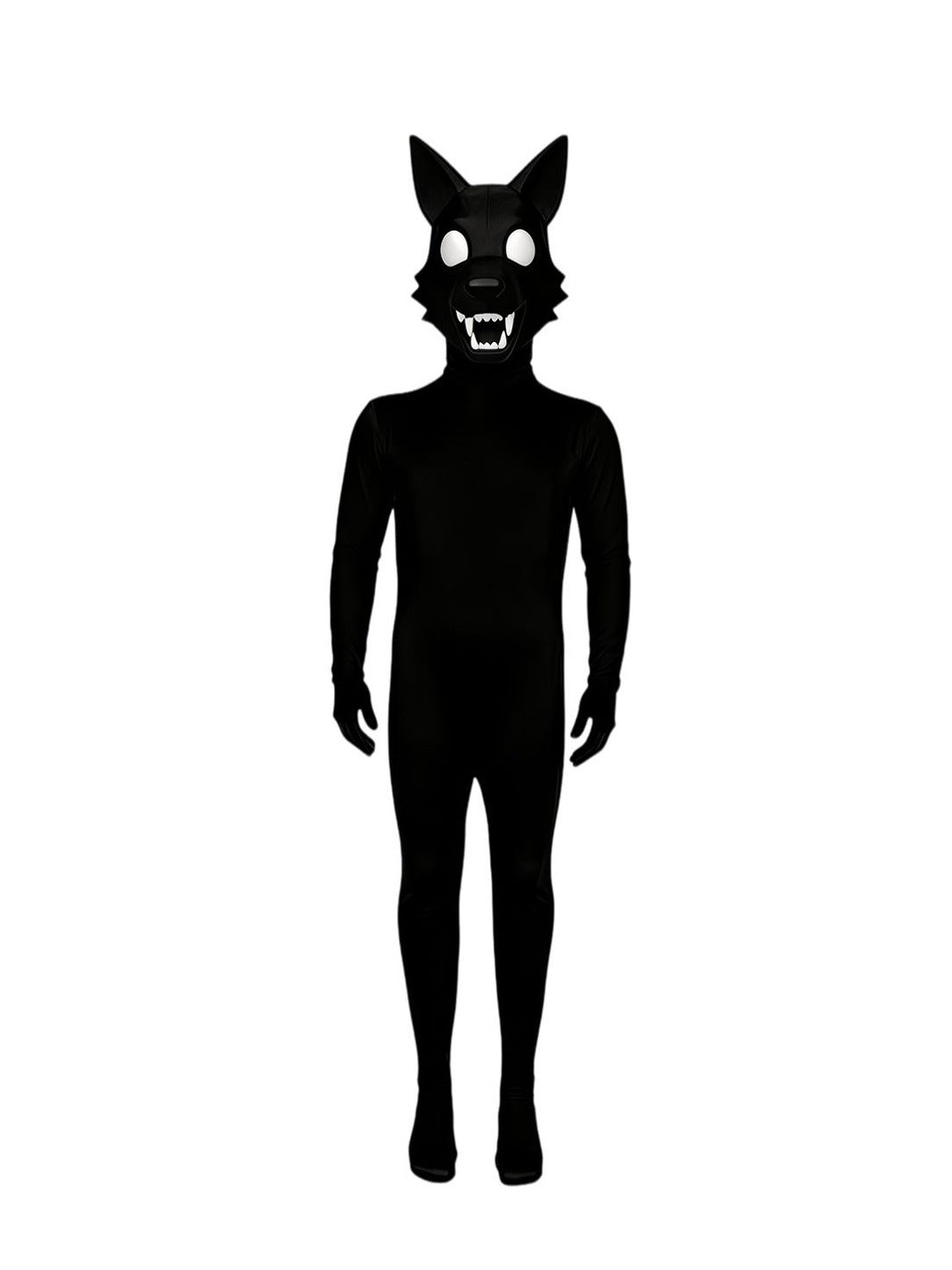 Black wolf bodysuit with wolf-head hood, relaxed front view on white background