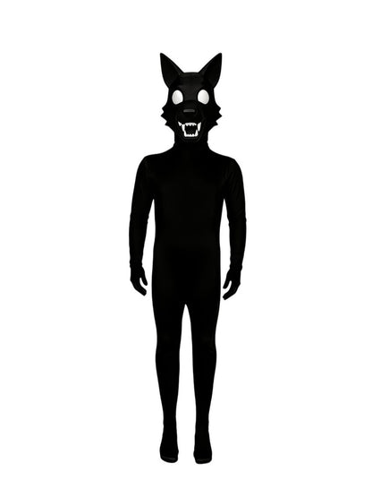 Black wolf bodysuit with wolf-head hood, relaxed front view on white background