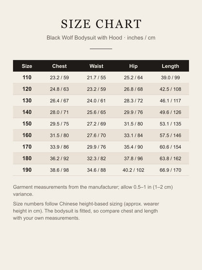 Size chart for the black wolf bodysuit, sizes 110 to 190, chest, waist, hip and length in inches and cm