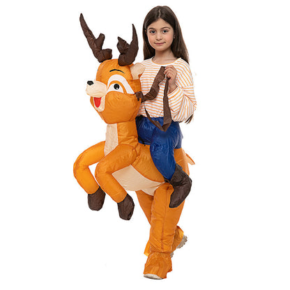 Manufacturer photo of a child wearing the inflatable ride-on reindeer costume on a white background