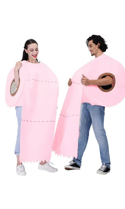 Real product photo: two adults each wearing the pink toilet paper roll costume over jeans and sneakers (one costume per order)