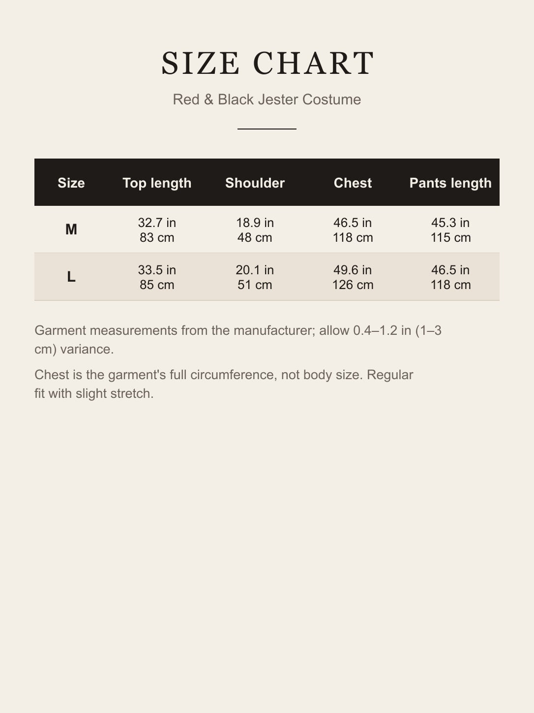 Size chart for the red and black jester costume: top length, shoulder, chest and pants length for M and L in inches and centimeters
