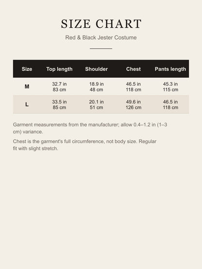 Size chart for the red and black jester costume: top length, shoulder, chest and pants length for M and L in inches and centimeters