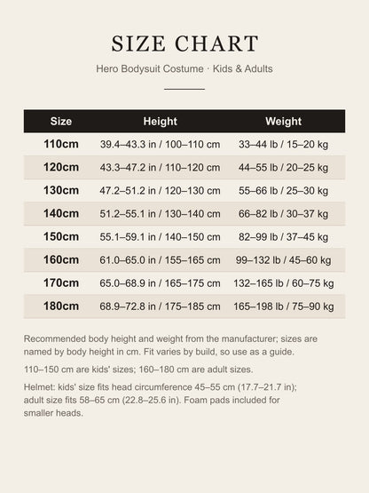 Size chart for the hero bodysuit costume: recommended body height and weight for sizes 110cm to 180cm in inches, cm, lb and kg