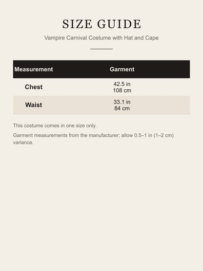 Size guide for the Vampire Carnival Costume with Hat and Cape