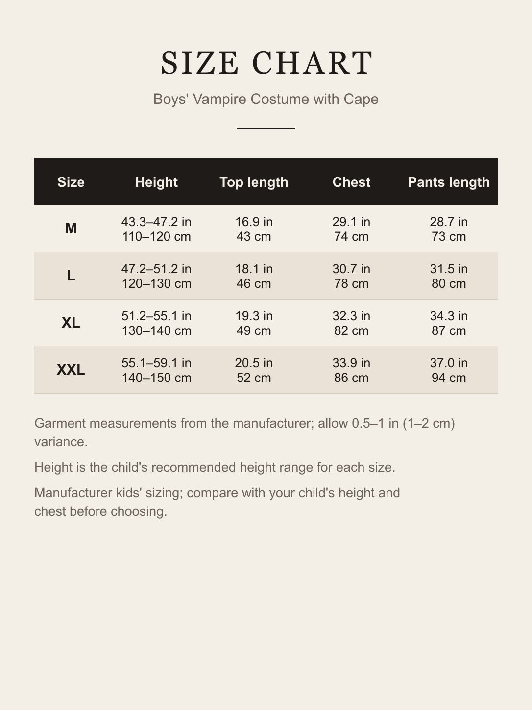 Size chart for the boys' vampire costume: child's height, top length, chest and pants length for M, L, XL and XXL in inches and centimeters