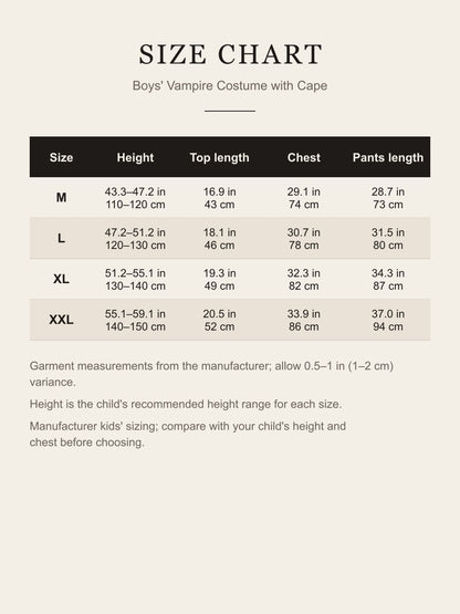 Size chart for the boys' vampire costume: child's height, top length, chest and pants length for M, L, XL and XXL in inches and centimeters