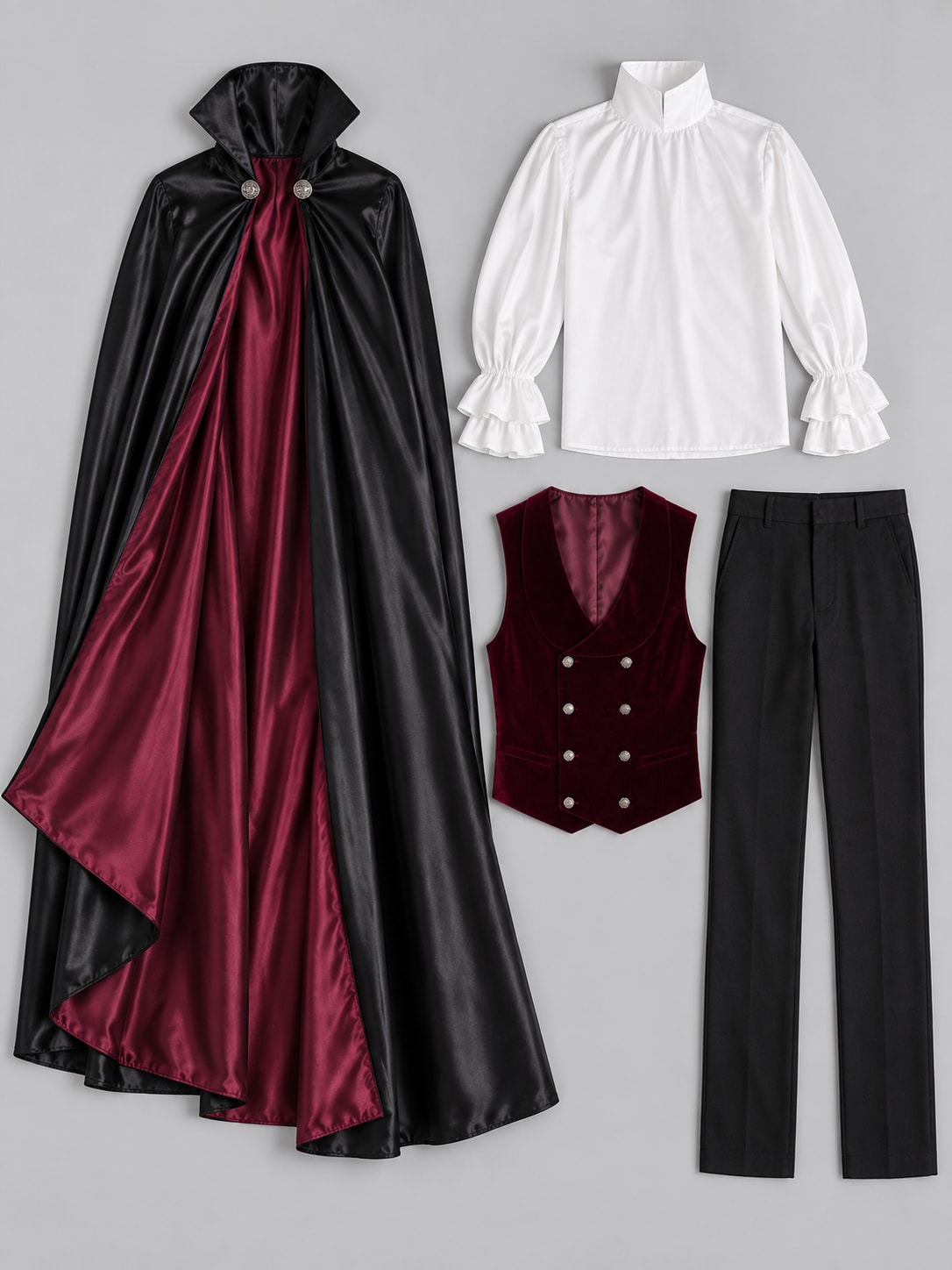 What's included: black cape with burgundy lining, white stand-collar ruffled shirt, burgundy double-breasted vest and black pants