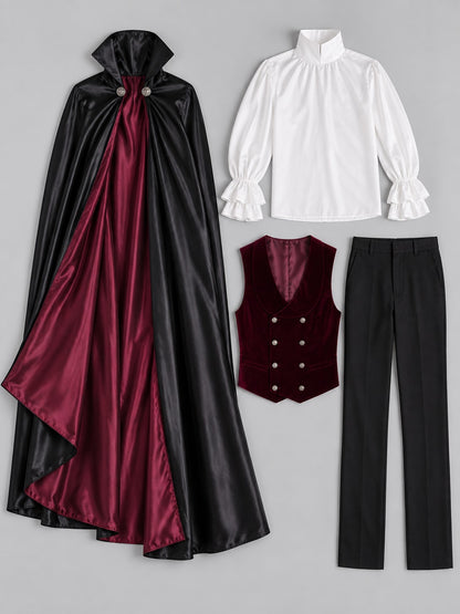 What's included: black cape with burgundy lining, white stand-collar ruffled shirt, burgundy double-breasted vest and black pants