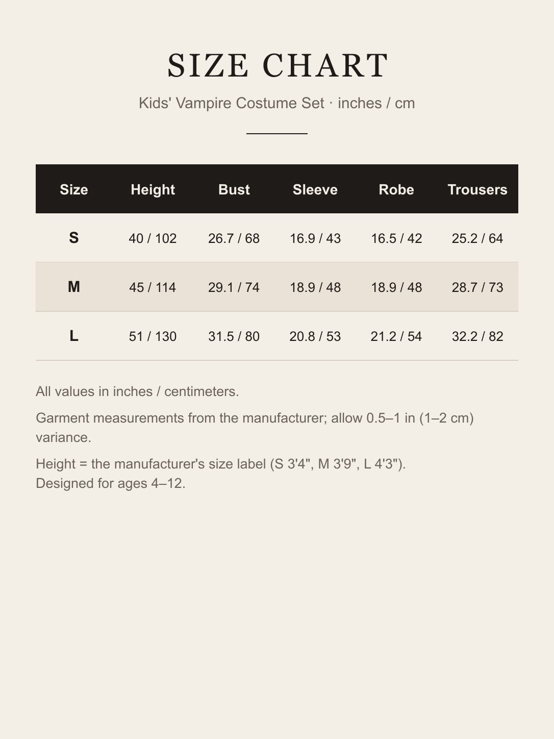Size chart for the kids' vampire costume: height, bust, sleeve, robe and trouser length for S, M and L in inches and centimeters