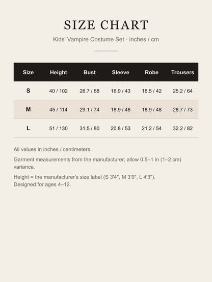 Size chart for the kids' vampire costume: height, bust, sleeve, robe and trouser length for S, M and L in inches and centimeters